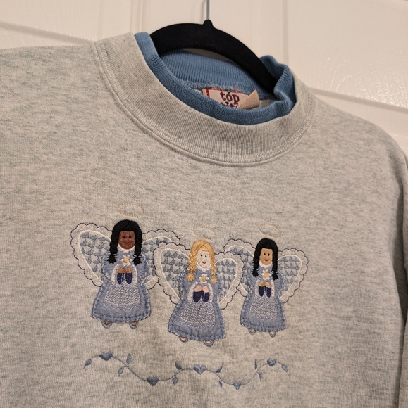 90s Interracial Angels Holiday Morning Sun Top Stitch Sweater M Grey Pullover - Picture 1 of 5